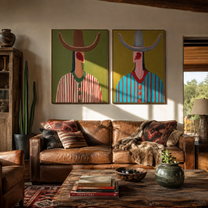 Red Curves Crown Stripes - curved brim cowboy portrait by Elliot Vale, modern figurative set of 2 wall art - styled room scene view 1