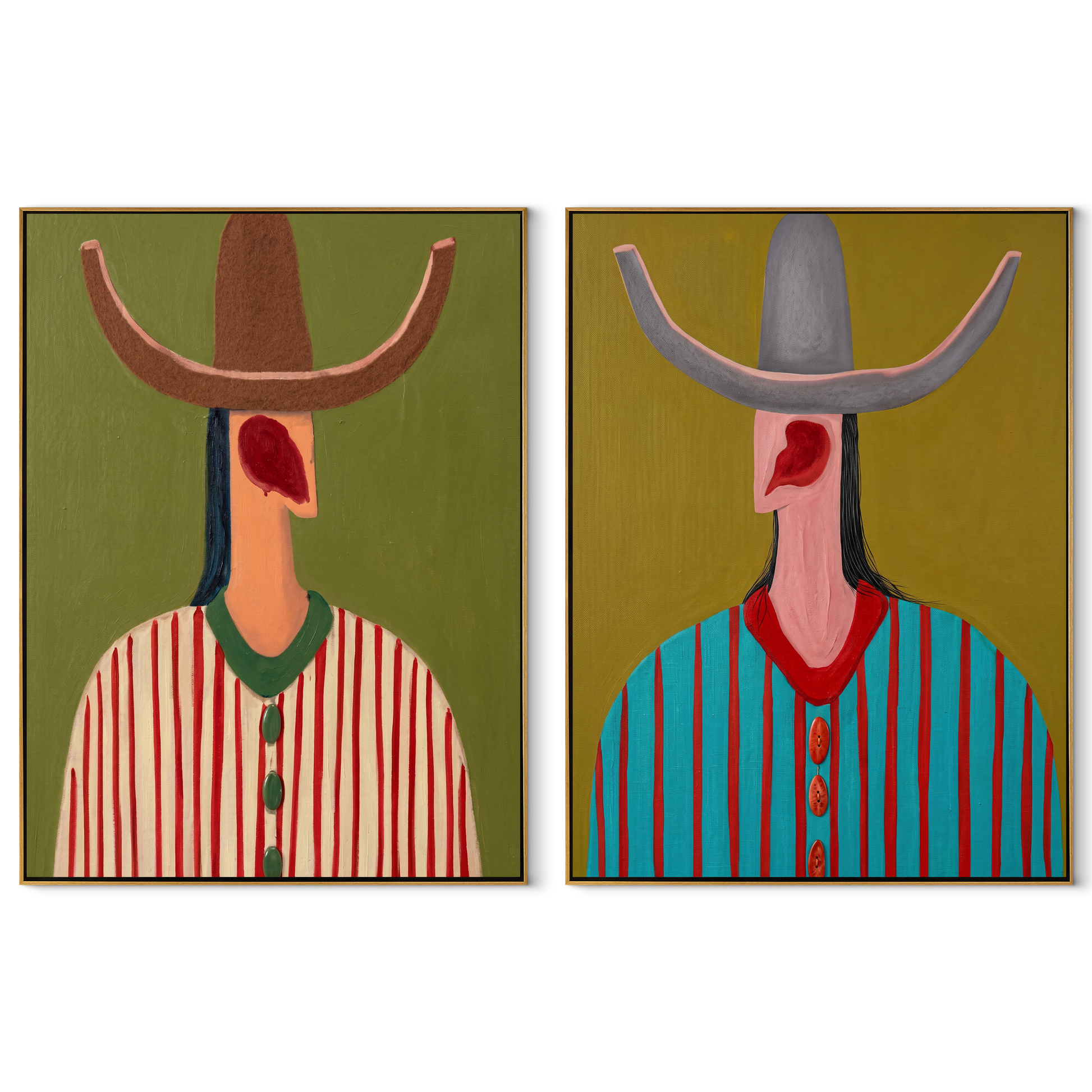 Red Curves Crown Stripes - curved brim cowboy portrait by Elliot Vale, modern figurative set of 2 wall art - complete two-panel artwork set on white background