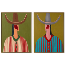 Red Curves Crown Stripes - curved brim cowboy portrait by Elliot Vale, modern figurative set of 2 wall art - complete two-panel artwork set on white background