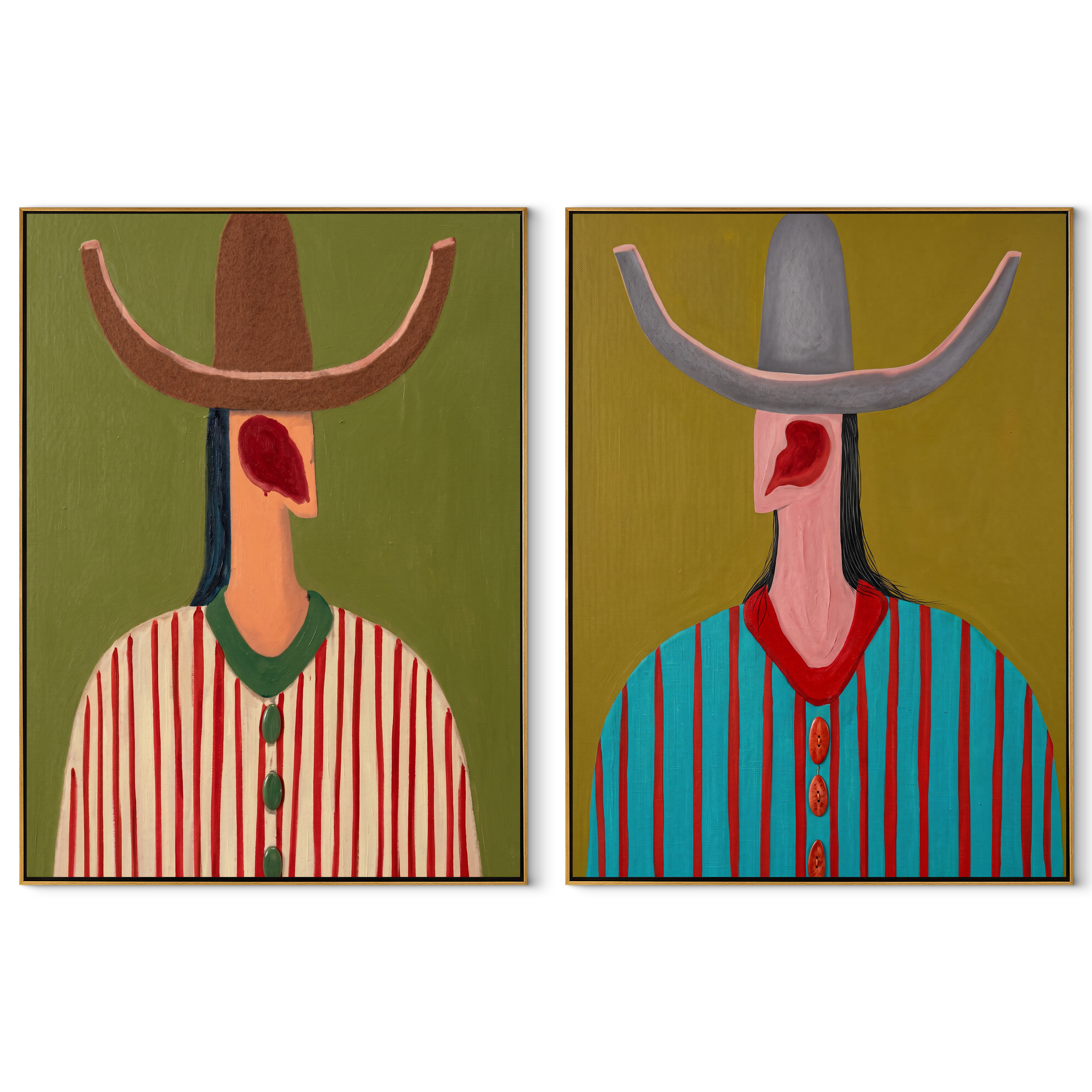 Red Curves Crown Stripes - curved brim cowboy portrait by Elliot Vale, modern figurative set of 2 wall art - complete two-panel artwork set on white background