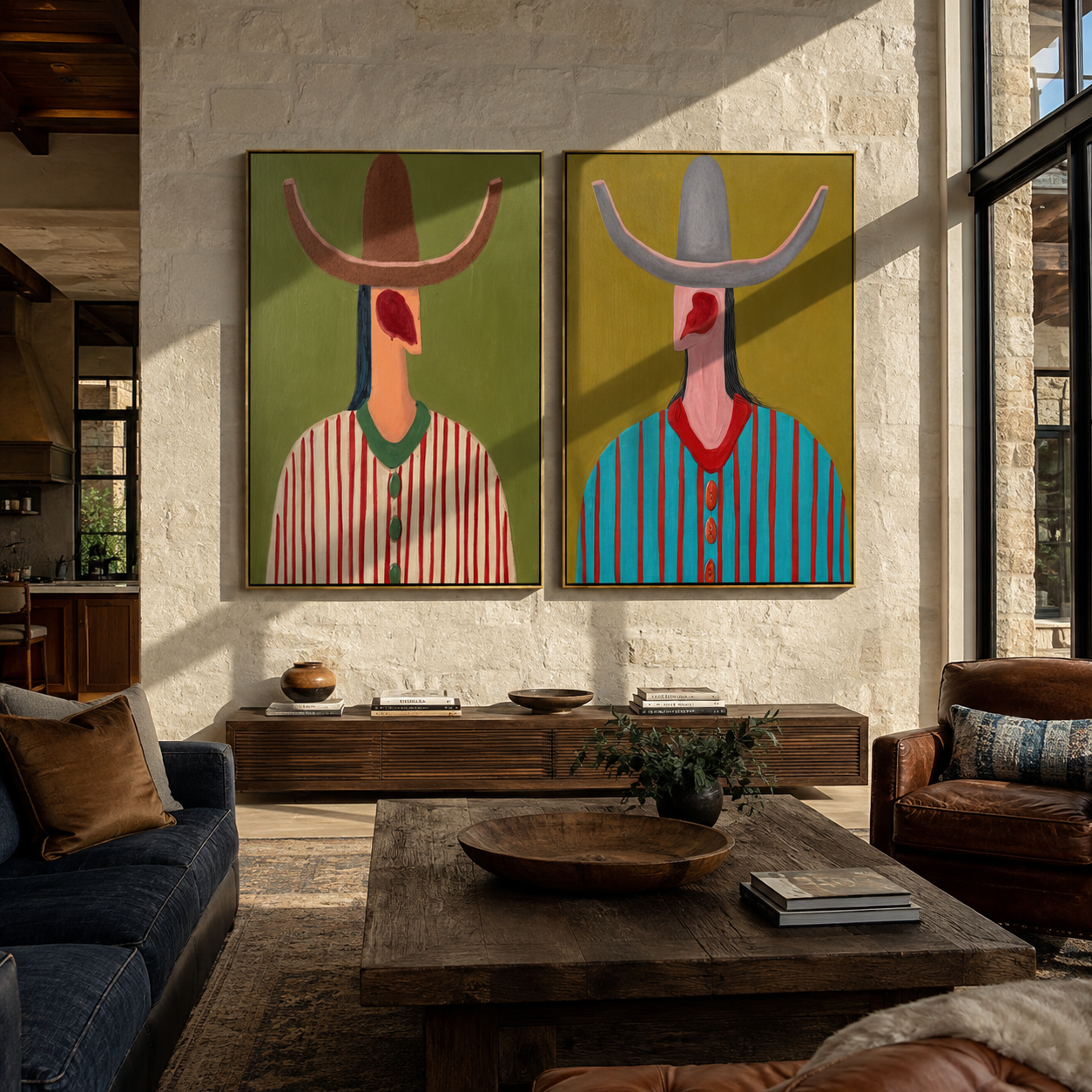 Red Curves Crown Stripes - curved brim cowboy portrait by Elliot Vale, modern figurative set of 2 wall art - styled room scene view 2