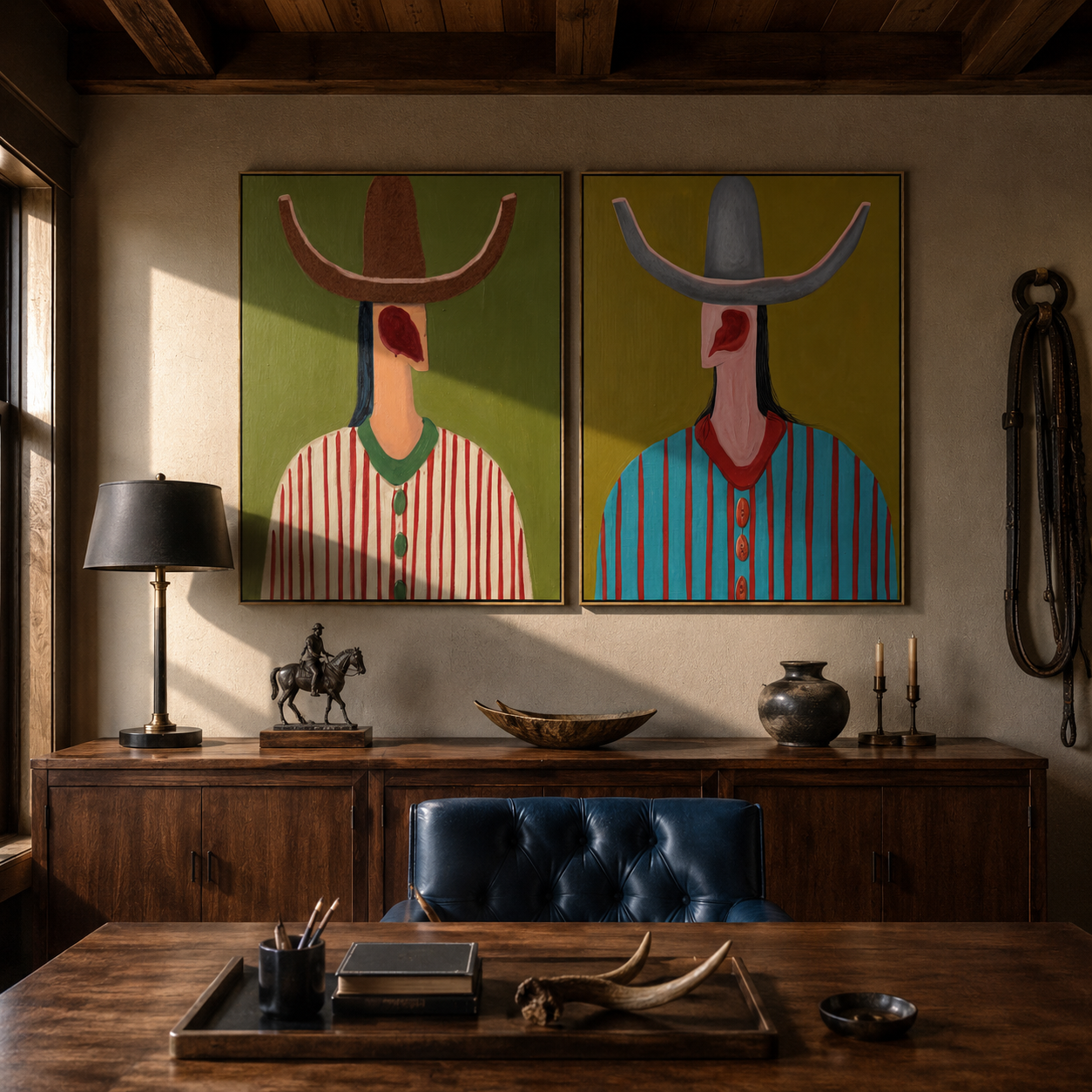 Red Curves Crown Stripes - curved brim cowboy portrait by Elliot Vale, modern figurative set of 2 wall art - styled room scene view 3