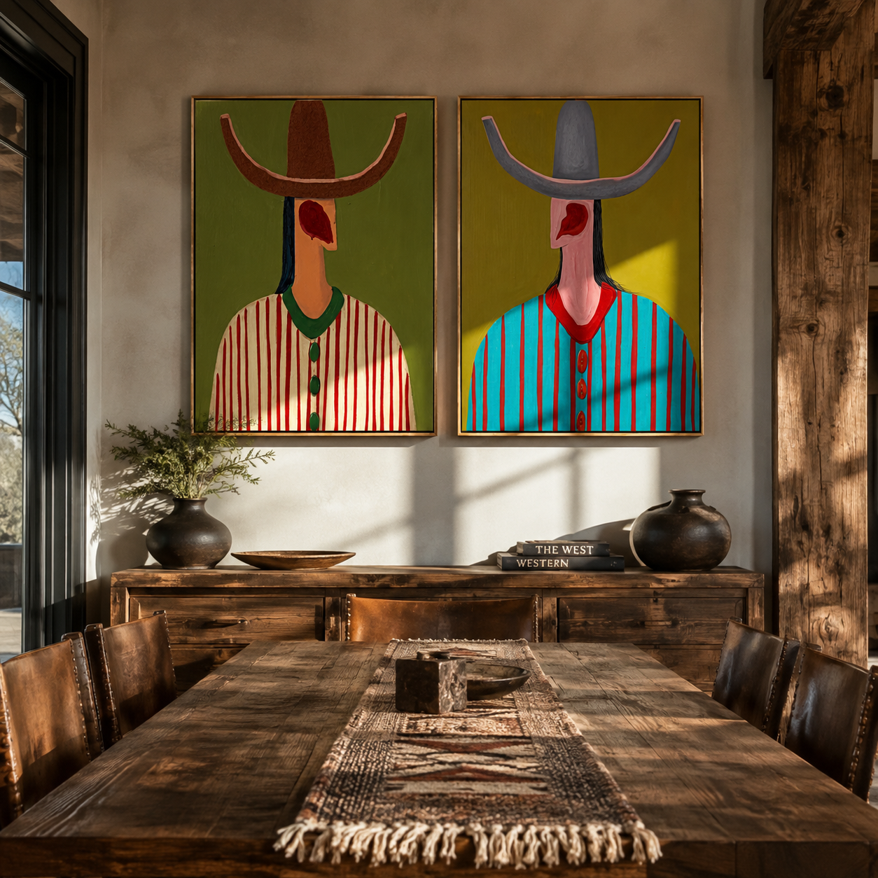 Red Curves Crown Stripes - curved brim cowboy portrait by Elliot Vale, modern figurative set of 2 wall art - styled room scene view 4
