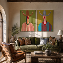 Red Curves Crown Stripes - curved brim cowboy portrait by Elliot Vale, modern figurative set of 2 wall art - styled room scene view 5