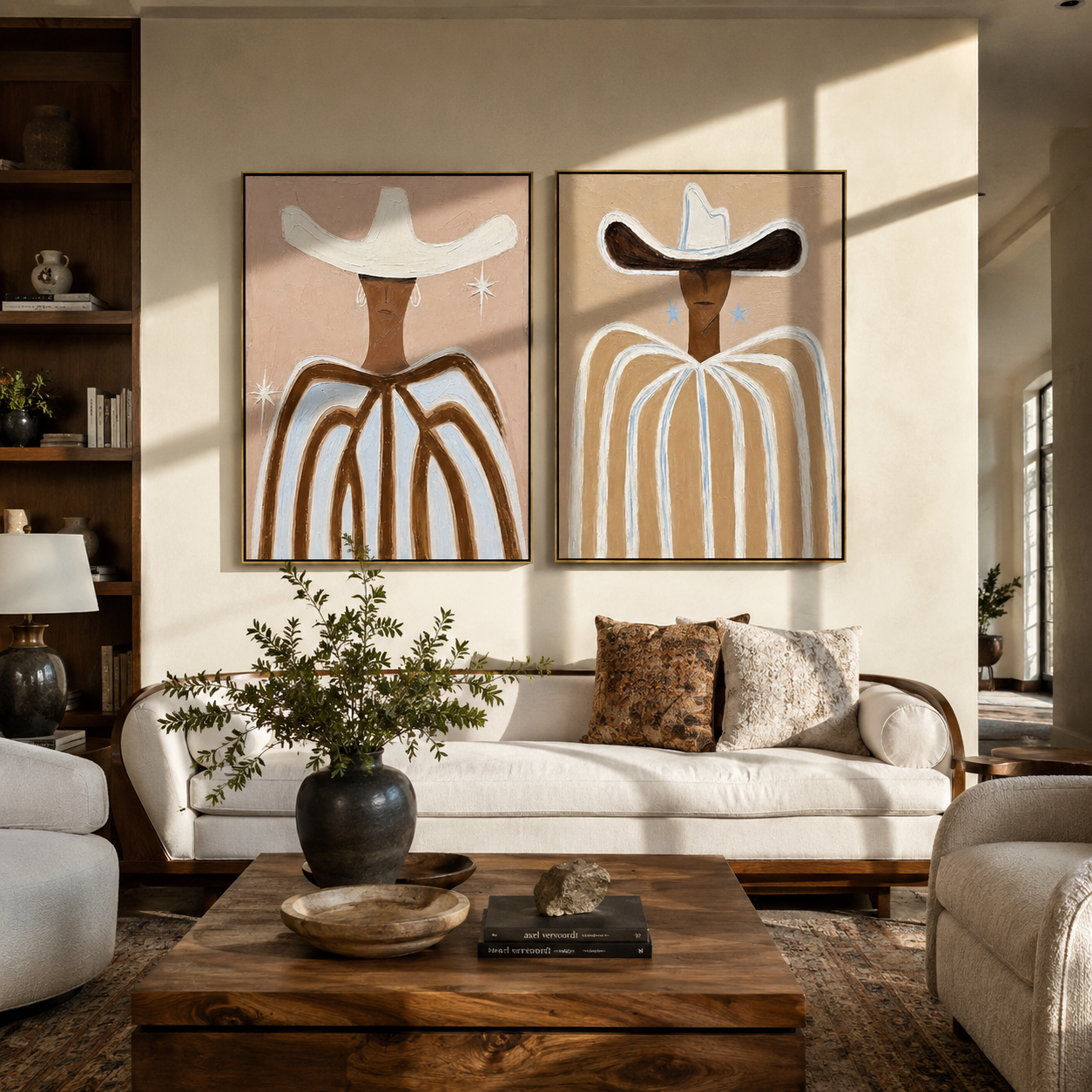 White Ribbons Trace Sand - white hat Western portrait by Elliot Vale, modern figurative set of 2 wall art - styled room scene view 1