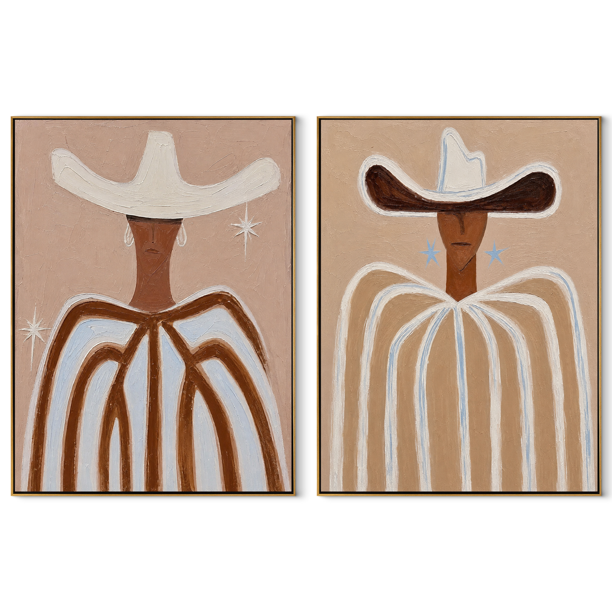 White Ribbons Trace Sand - white hat Western portrait by Elliot Vale, modern figurative set of 2 wall art - complete two-panel artwork set on white background