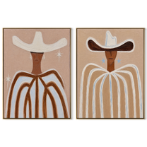 White Ribbons Trace Sand - white hat Western portrait by Elliot Vale, modern figurative set of 2 wall art - complete two-panel artwork set on white background