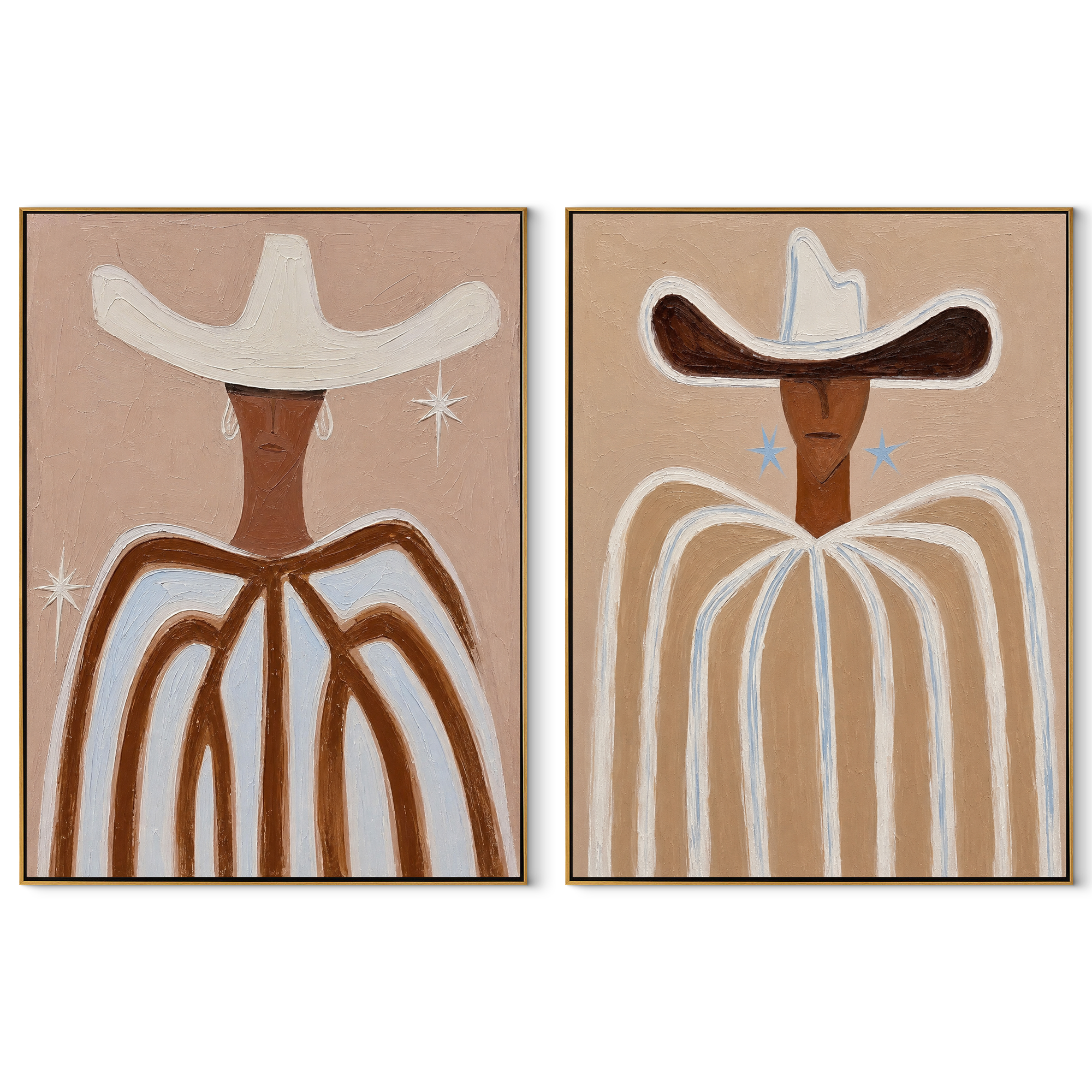 White Ribbons Trace Sand - white hat Western portrait by Elliot Vale, modern figurative set of 2 wall art - complete two-panel artwork set on white background