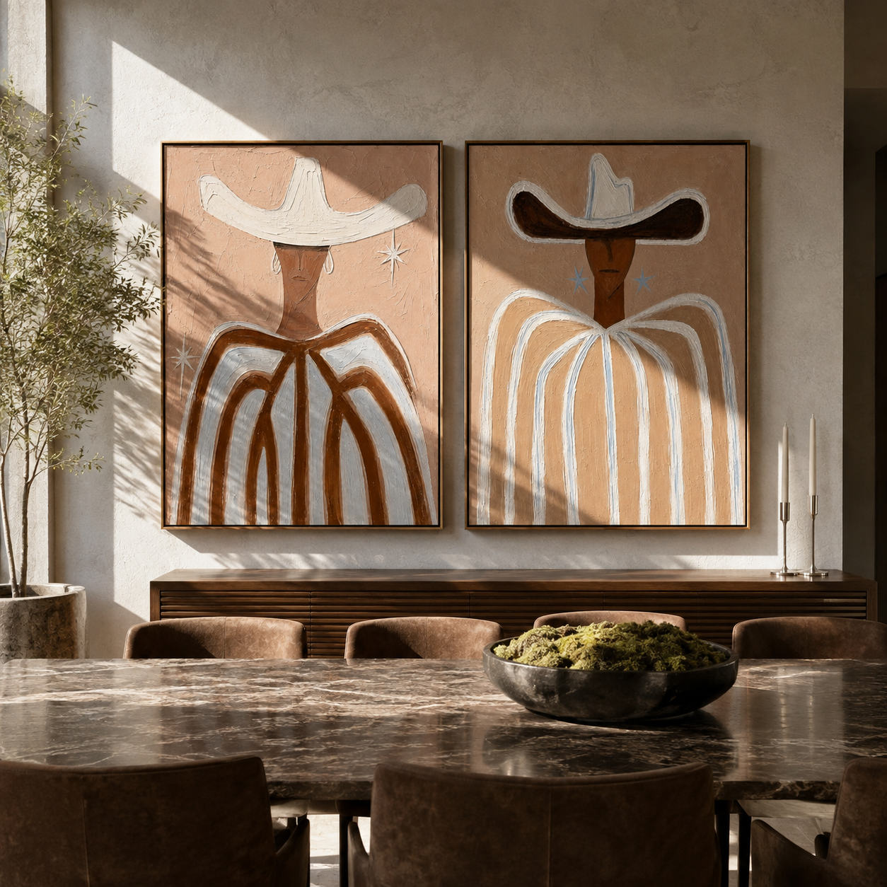 White Ribbons Trace Sand - white hat Western portrait by Elliot Vale, modern figurative set of 2 wall art - styled room scene view 3