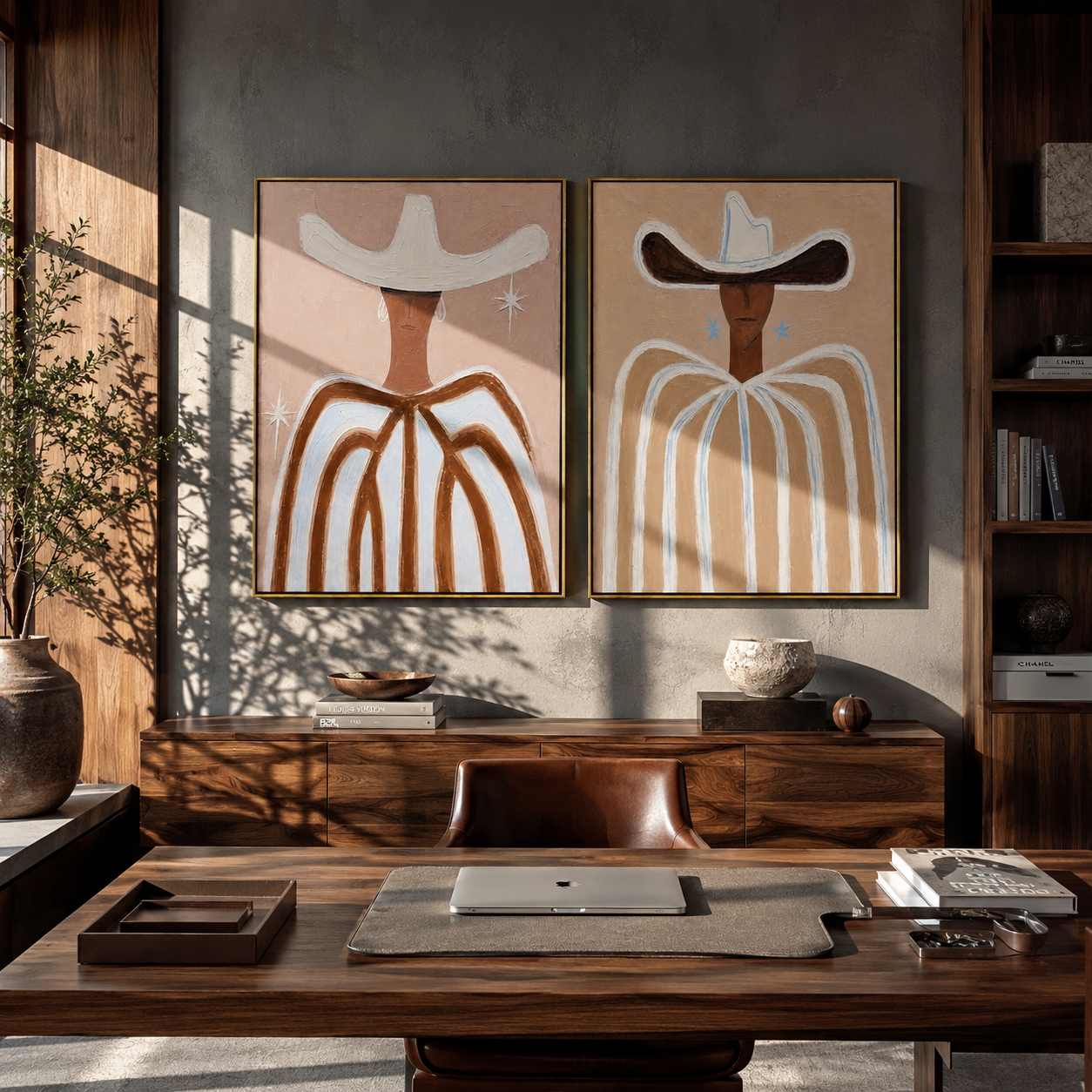 White Ribbons Trace Sand - white hat Western portrait by Elliot Vale, modern figurative set of 2 wall art - styled room scene view 4