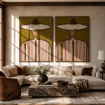 Straw Circles Hold Rose - sombrero stripe portrait by Elliot Vale, modern figurative set of 2 wall art - styled room scene view 1