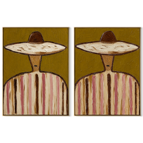 Straw Circles Hold Rose - sombrero stripe portrait by Elliot Vale, modern figurative set of 2 wall art - complete two-panel artwork set on white background