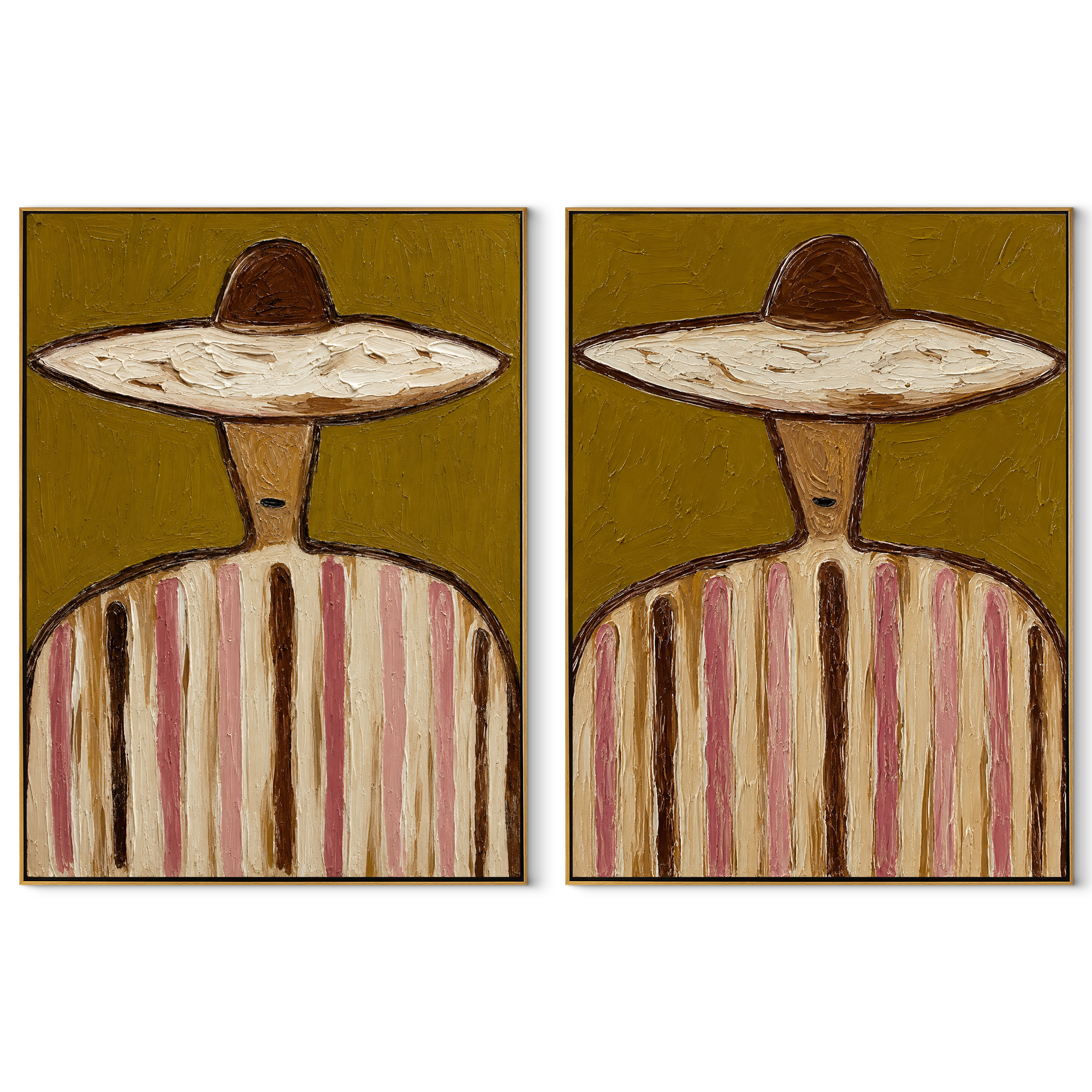 Straw Circles Hold Rose - sombrero stripe portrait by Elliot Vale, modern figurative set of 2 wall art - complete two-panel artwork set on white background