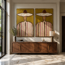 Straw Circles Hold Rose - sombrero stripe portrait by Elliot Vale, modern figurative set of 2 wall art - styled room scene view 2