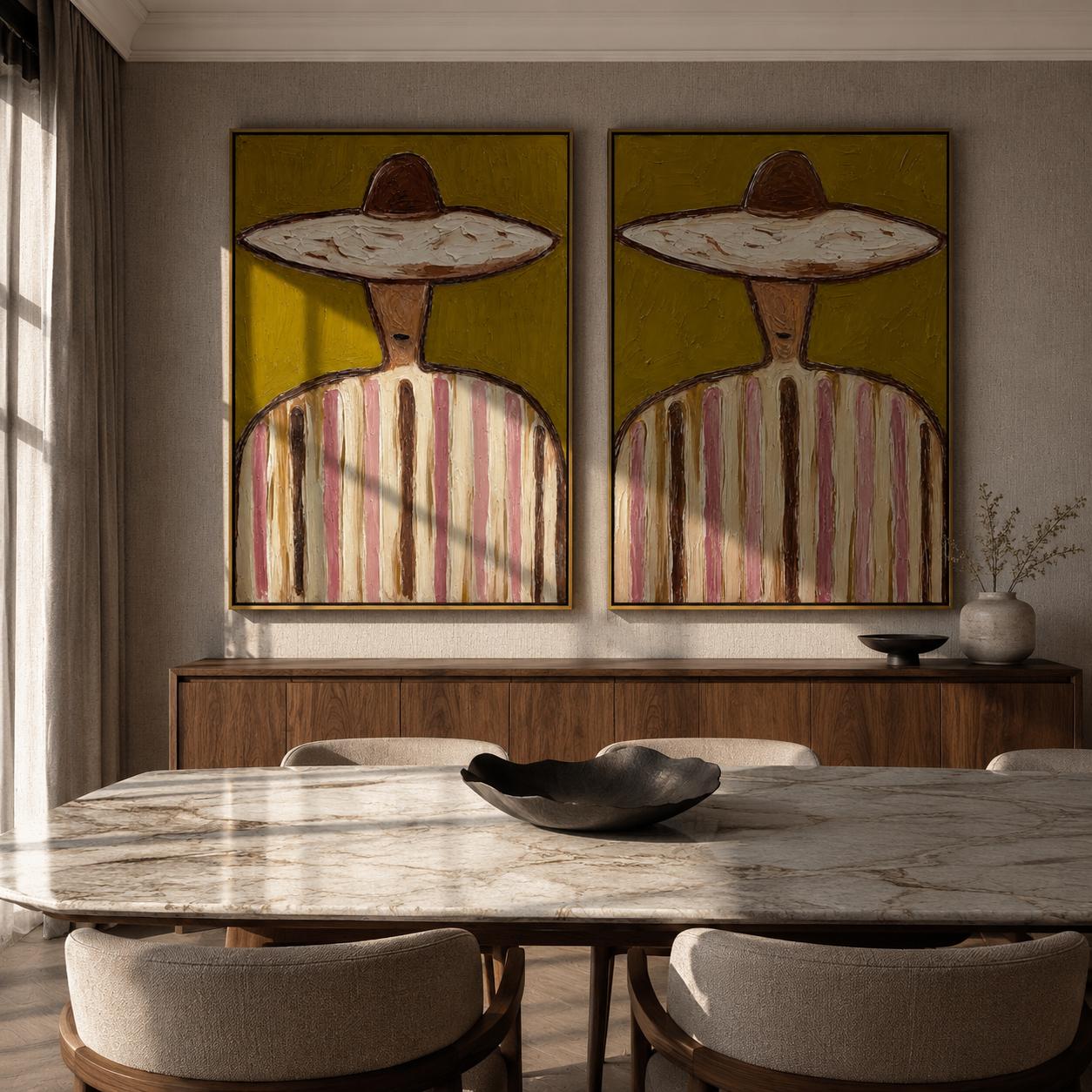 Straw Circles Hold Rose - sombrero stripe portrait by Elliot Vale, modern figurative set of 2 wall art - styled room scene view 3