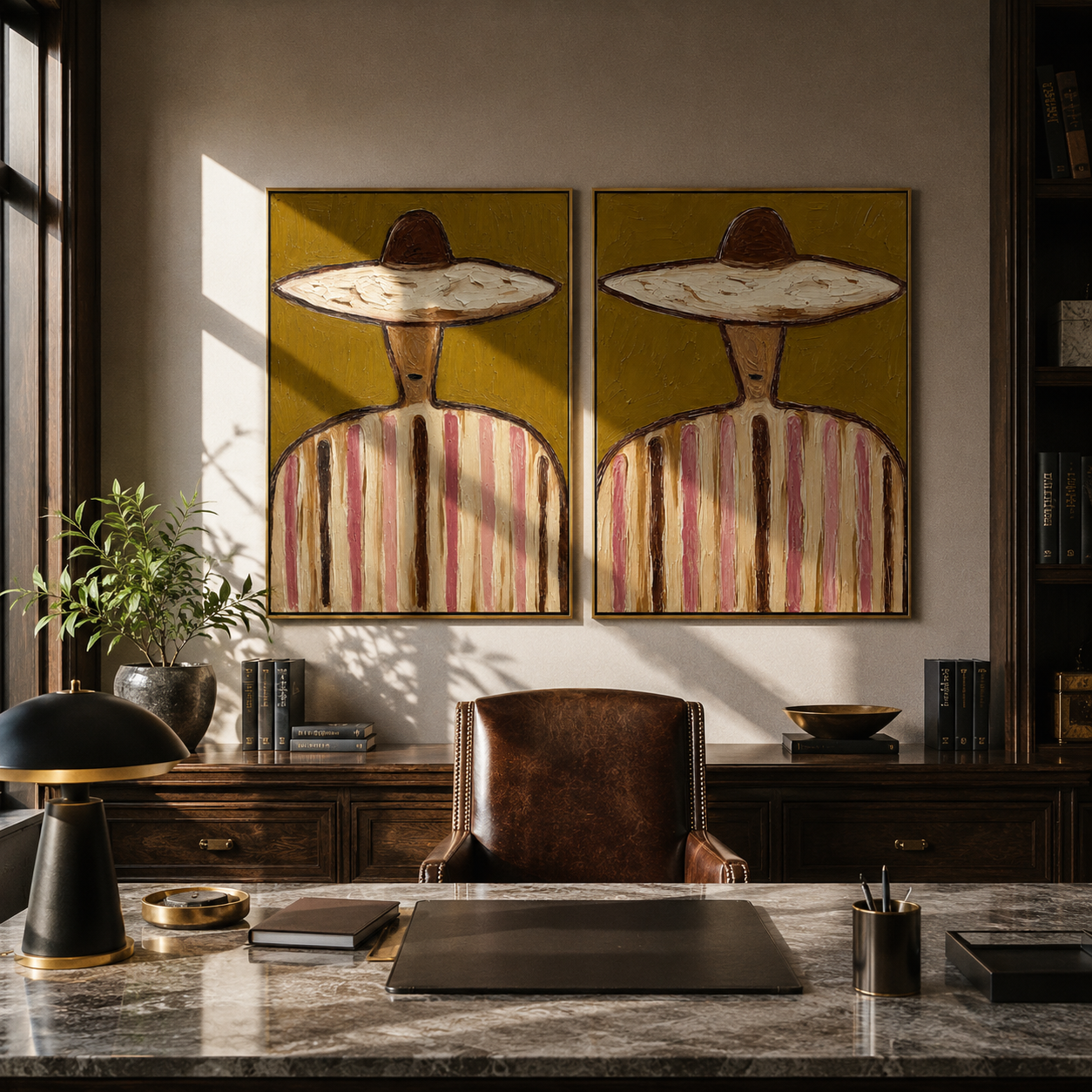 Straw Circles Hold Rose - sombrero stripe portrait by Elliot Vale, modern figurative set of 2 wall art - styled room scene view 4
