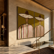 Straw Circles Hold Rose - sombrero stripe portrait by Elliot Vale, modern figurative set of 2 wall art - styled room scene view 5