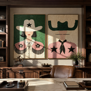 Star Collars Face Green - star cowgirl portrait by Elliot Vale, modern figurative set of 2 wall art - styled room scene view 1