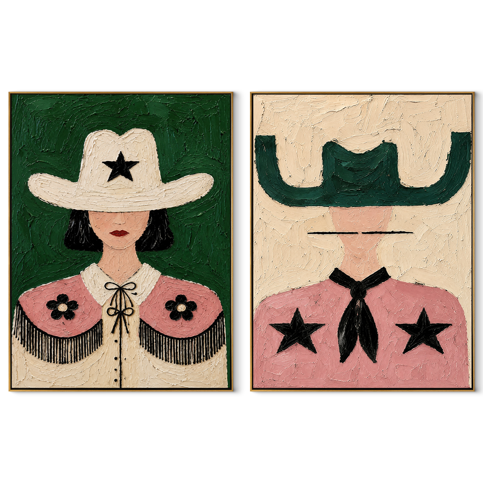 Star Collars Face Green - star cowgirl portrait by Elliot Vale, modern figurative set of 2 wall art - complete two-panel artwork set on white background