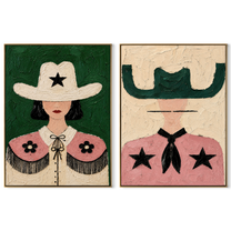Star Collars Face Green - star cowgirl portrait by Elliot Vale, modern figurative set of 2 wall art - complete two-panel artwork set on white background