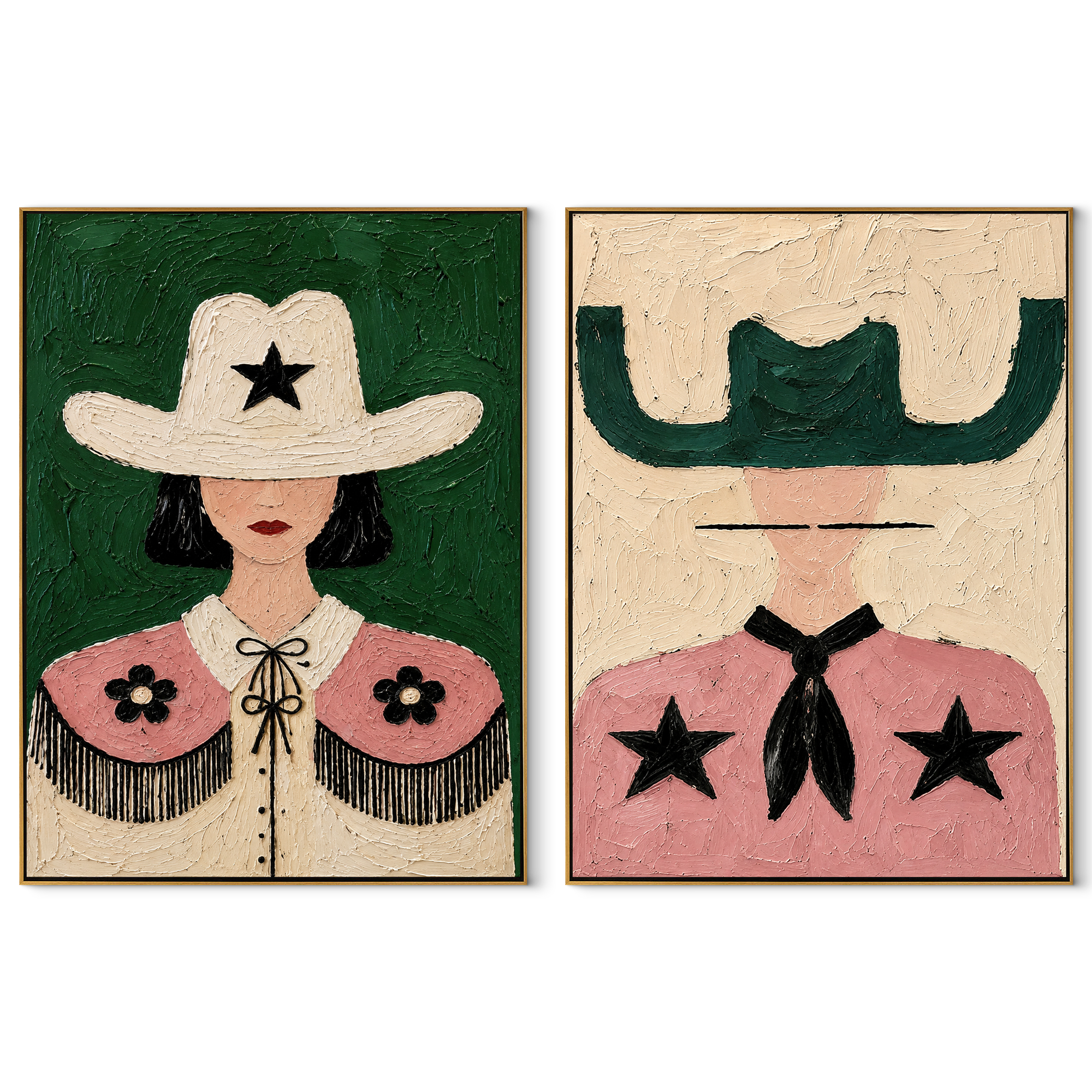 Star Collars Face Green - star cowgirl portrait by Elliot Vale, modern figurative set of 2 wall art - complete two-panel artwork set on white background