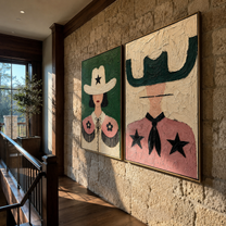 Star Collars Face Green - star cowgirl portrait by Elliot Vale, modern figurative set of 2 wall art - styled room scene view 2