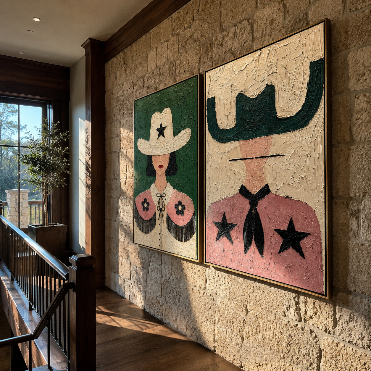 Star Collars Face Green - star cowgirl portrait by Elliot Vale, modern figurative set of 2 wall art - styled room scene view 2