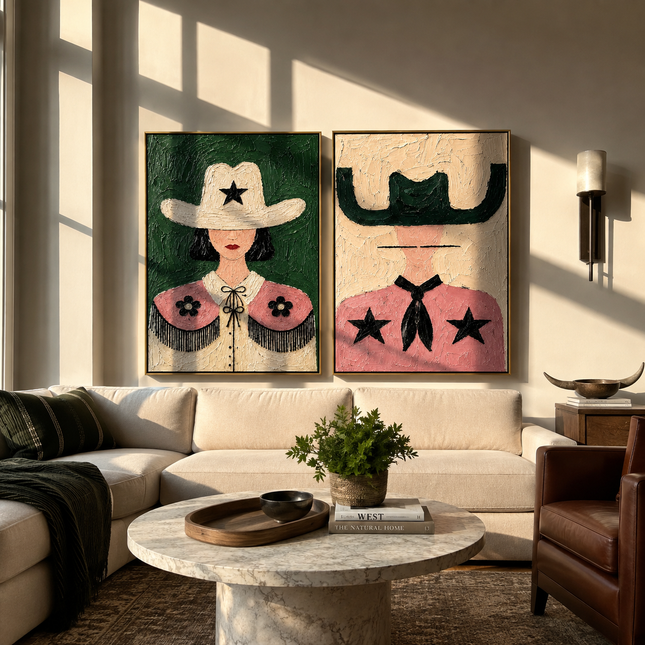 Star Collars Face Green - star cowgirl portrait by Elliot Vale, modern figurative set of 2 wall art - styled room scene view 3