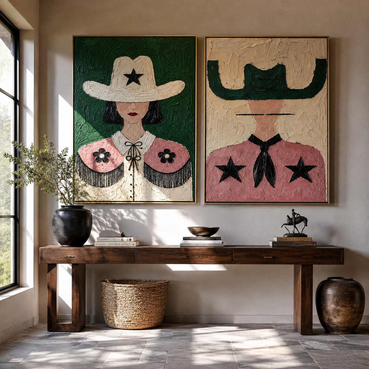 Star Collars Face Green - star cowgirl portrait by Elliot Vale, modern figurative set of 2 wall art - styled room scene view 4