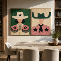Star Collars Face Green - star cowgirl portrait by Elliot Vale, modern figurative set of 2 wall art - styled room scene view 5