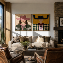 Fringe Meets Diamond Checks - Western fashion portrait by Elliot Vale, modern figurative set of 2 wall art - styled room scene view 1