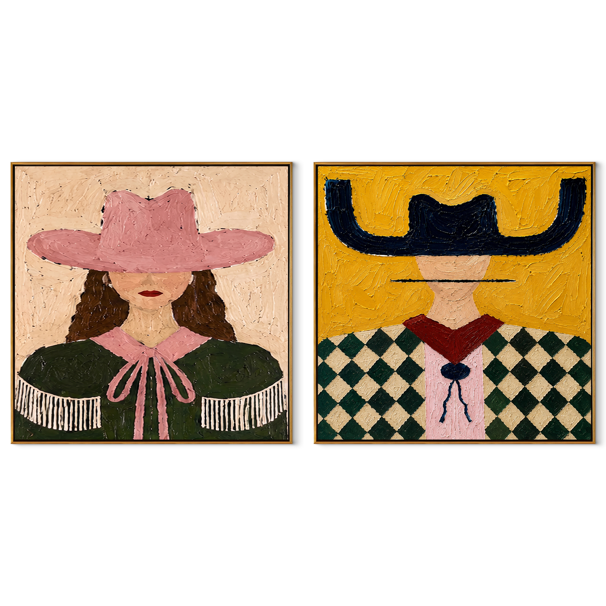 Fringe Meets Diamond Checks - Western fashion portrait by Elliot Vale, modern figurative set of 2 wall art - complete two-panel artwork set on white background