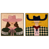 Fringe Meets Diamond Checks - Western fashion portrait by Elliot Vale, modern figurative set of 2 wall art - complete two-panel artwork set on white background