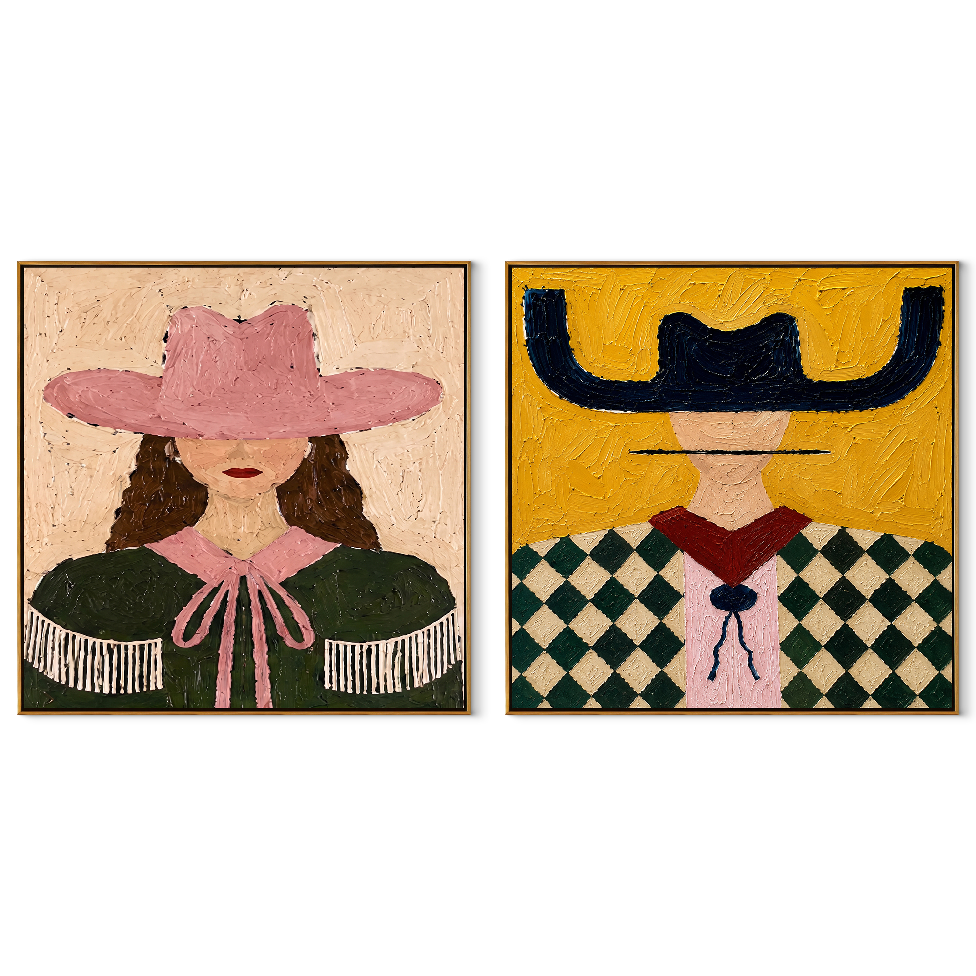Fringe Meets Diamond Checks - Western fashion portrait by Elliot Vale, modern figurative set of 2 wall art - complete two-panel artwork set on white background