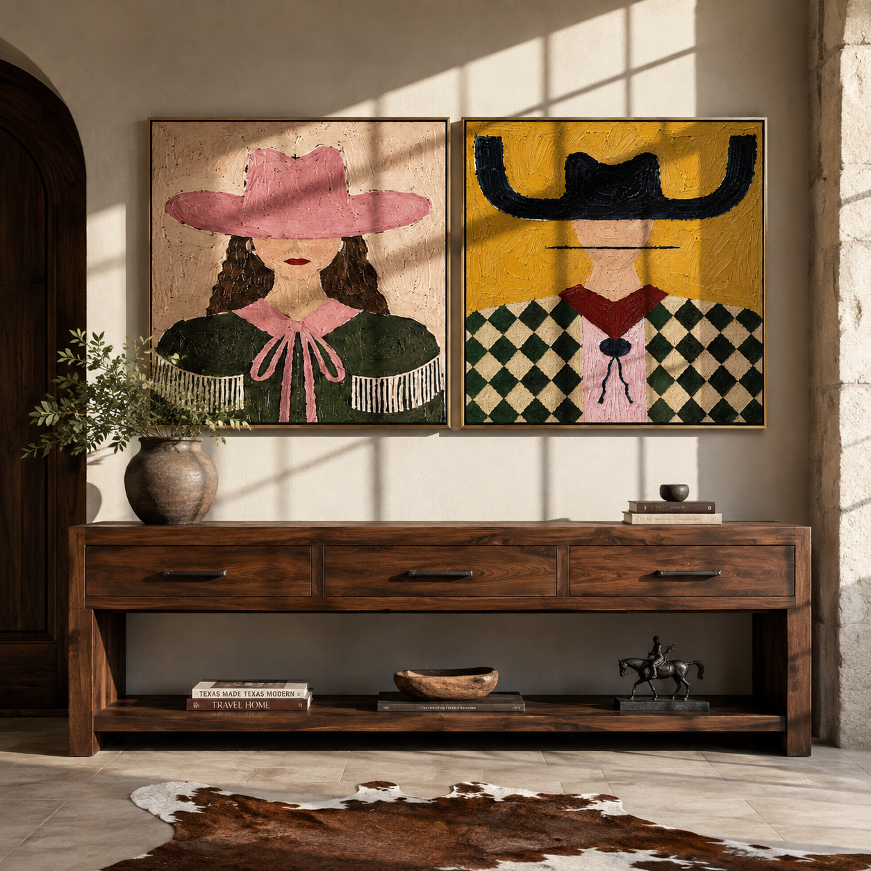 Fringe Meets Diamond Checks - Western fashion portrait by Elliot Vale, modern figurative set of 2 wall art - styled room scene view 2