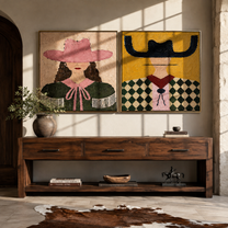 Fringe Meets Diamond Checks - Western fashion portrait by Elliot Vale, modern figurative set of 2 wall art - styled room scene view 2