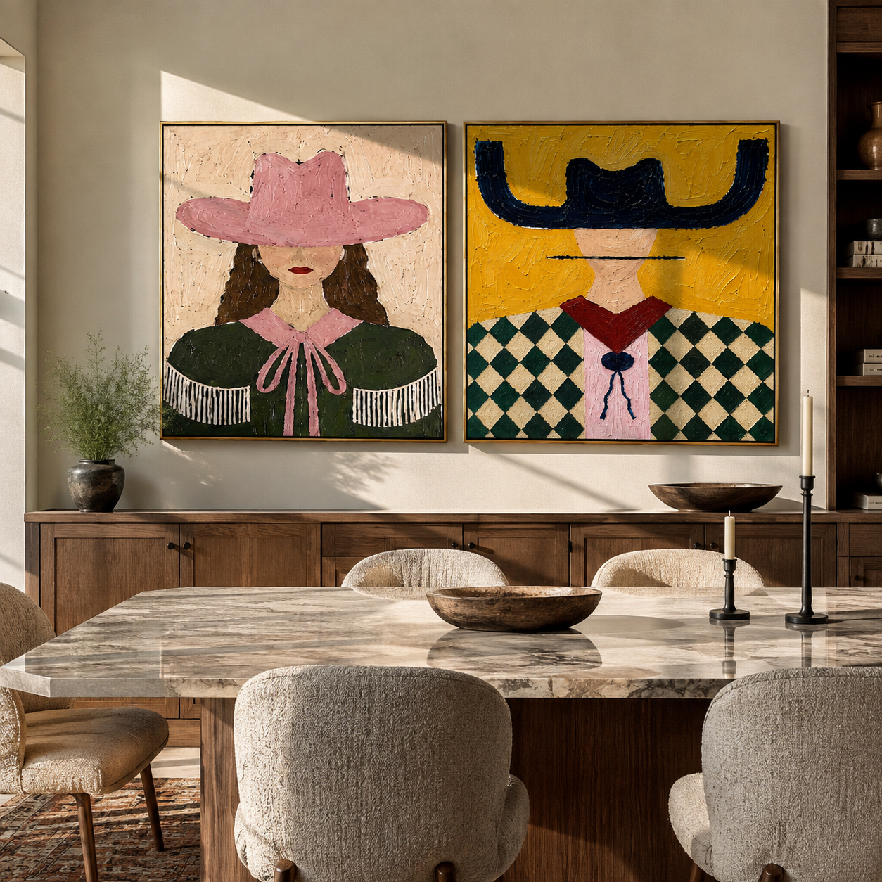 Fringe Meets Diamond Checks - Western fashion portrait by Elliot Vale, modern figurative set of 2 wall art - styled room scene view 3