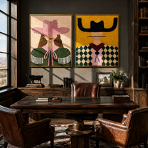Fringe Meets Diamond Checks - Western fashion portrait by Elliot Vale, modern figurative set of 2 wall art - styled room scene view 4