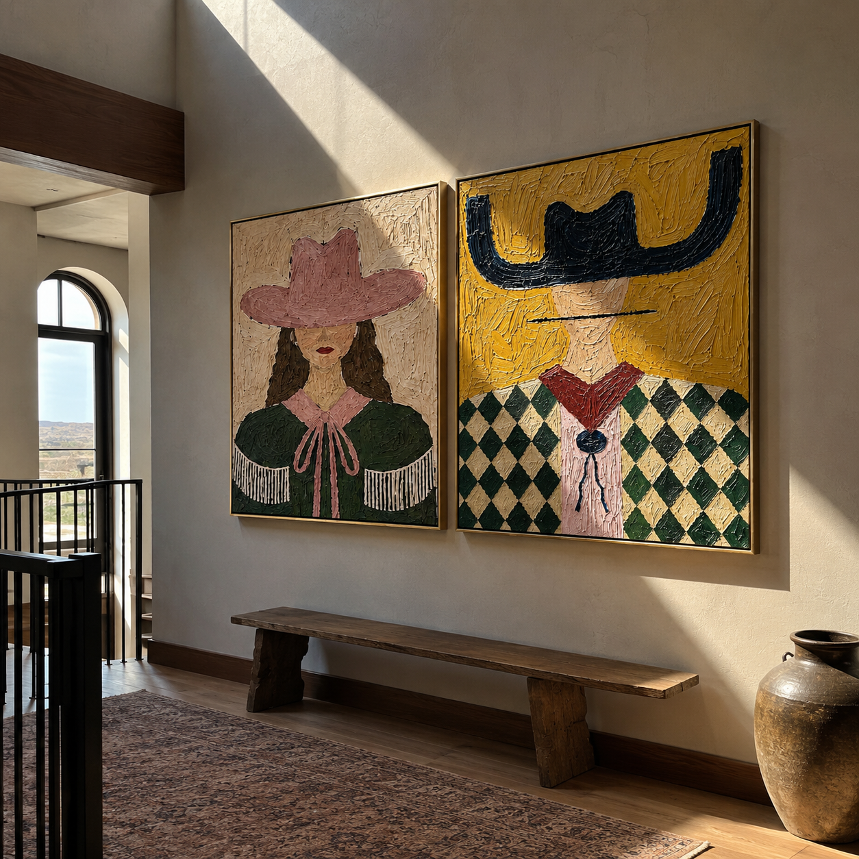 Fringe Meets Diamond Checks - Western fashion portrait by Elliot Vale, modern figurative set of 2 wall art - styled room scene view 5