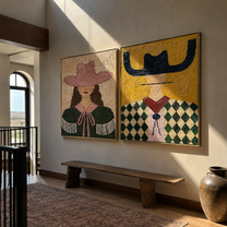 Fringe Meets Diamond Checks - Western fashion portrait by Elliot Vale, modern figurative set of 2 wall art - styled room scene view 5