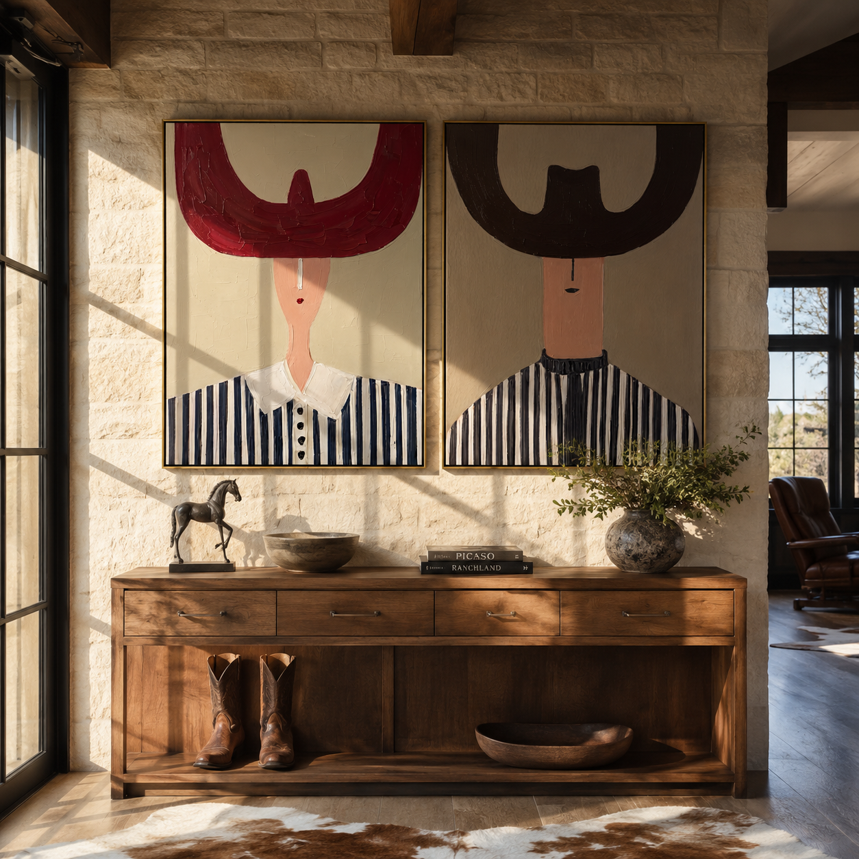 Twin Horns Shade Stripes - oversized horn hat portrait by Elliot Vale, modern figurative set of 2 wall art - styled room scene view 1