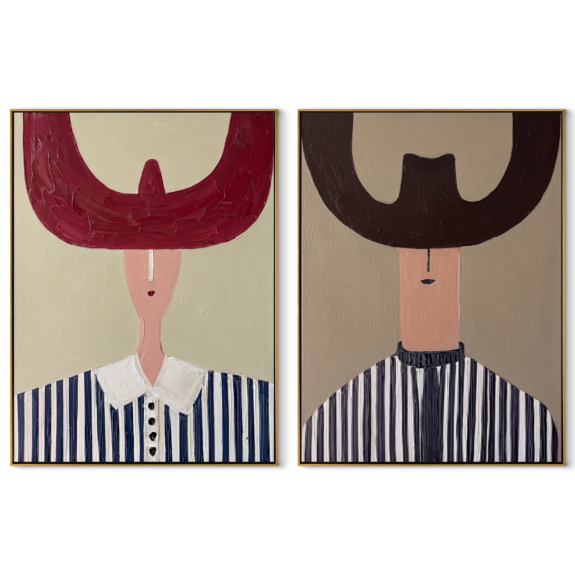 Twin Horns Shade Stripes - oversized horn hat portrait by Elliot Vale, modern figurative set of 2 wall art - complete two-panel artwork set on white background