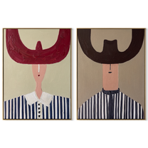 Twin Horns Shade Stripes - oversized horn hat portrait by Elliot Vale, modern figurative set of 2 wall art - complete two-panel artwork set on white background
