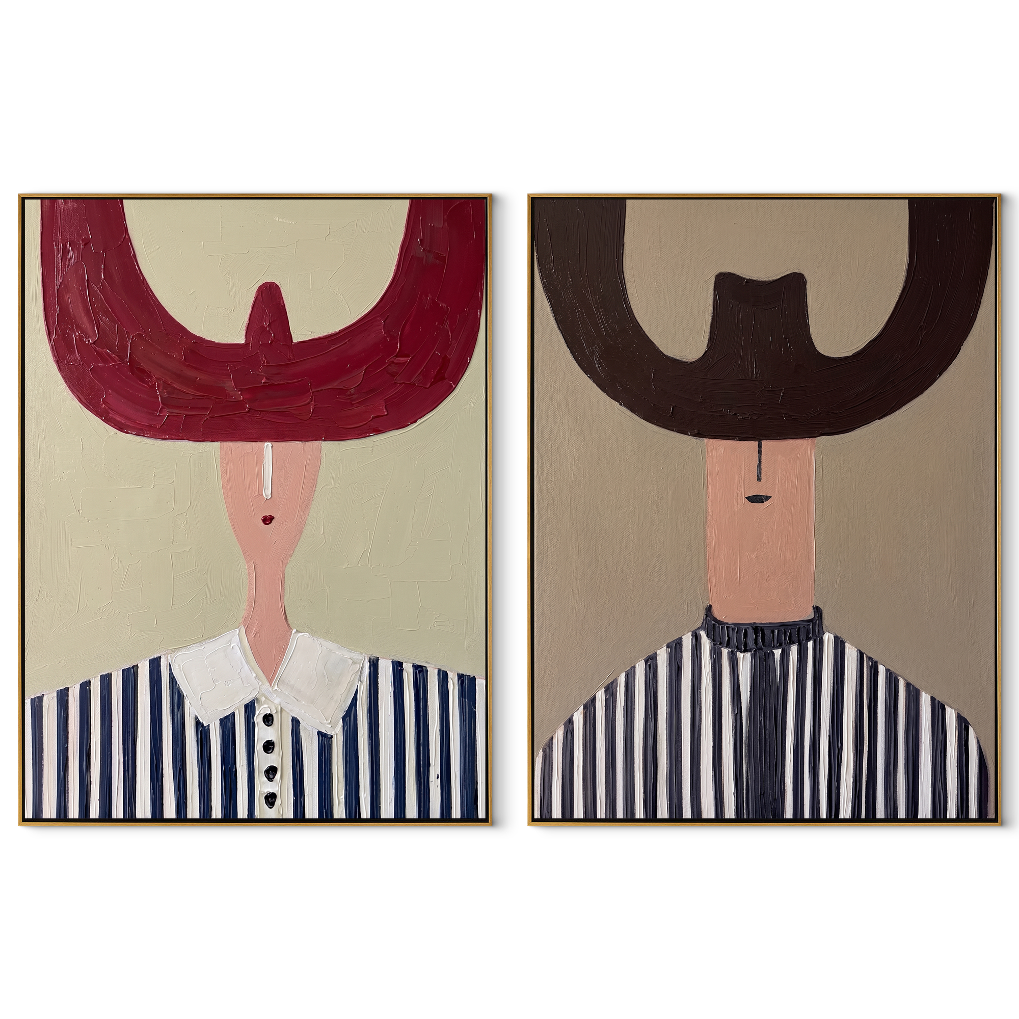 Twin Horns Shade Stripes - oversized horn hat portrait by Elliot Vale, modern figurative set of 2 wall art - complete two-panel artwork set on white background