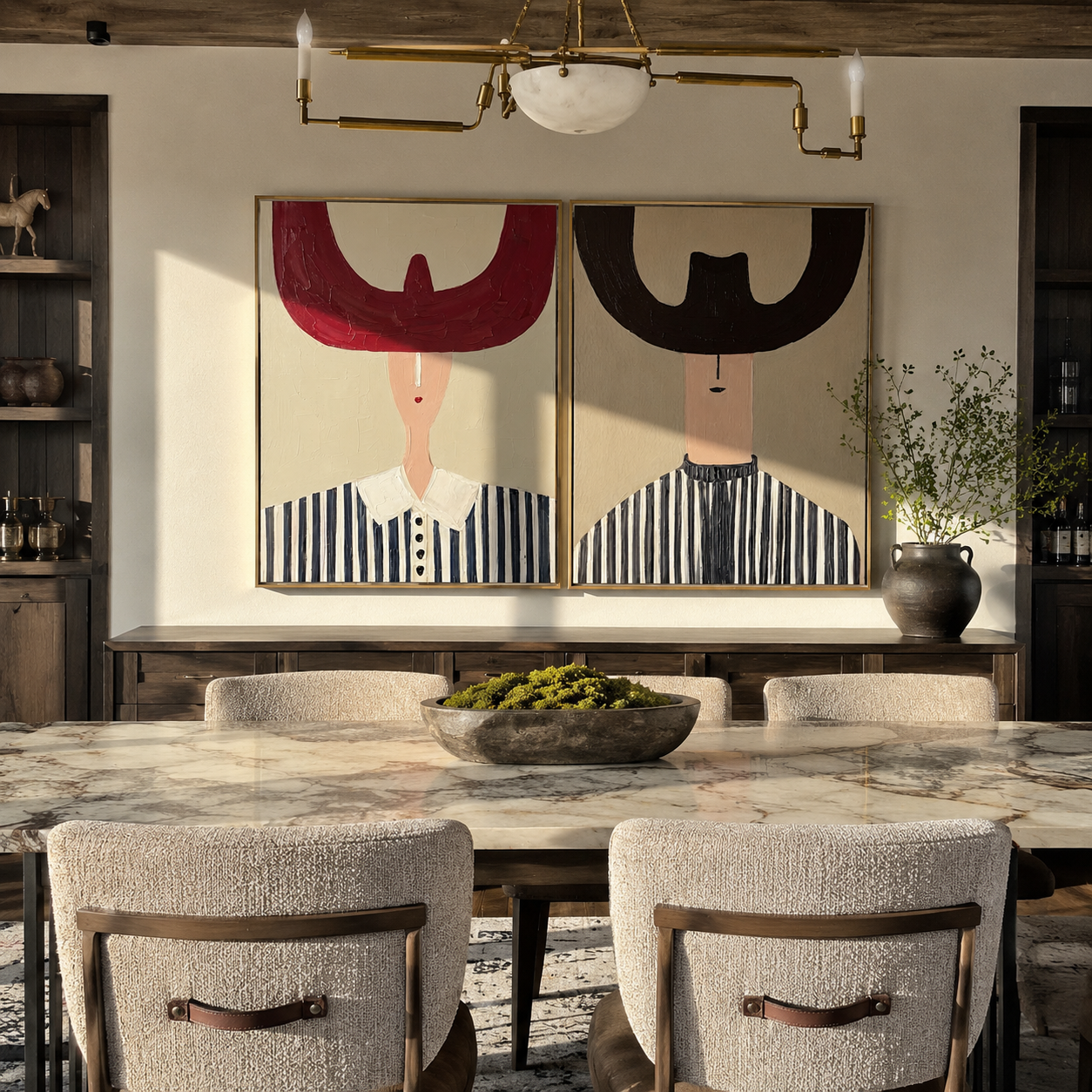 Twin Horns Shade Stripes - oversized horn hat portrait by Elliot Vale, modern figurative set of 2 wall art - styled room scene view 2