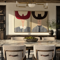 Twin Horns Shade Stripes - oversized horn hat portrait by Elliot Vale, modern figurative set of 2 wall art - styled room scene view 2