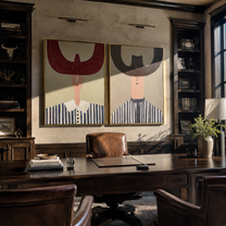 Twin Horns Shade Stripes - oversized horn hat portrait by Elliot Vale, modern figurative set of 2 wall art - styled room scene view 3