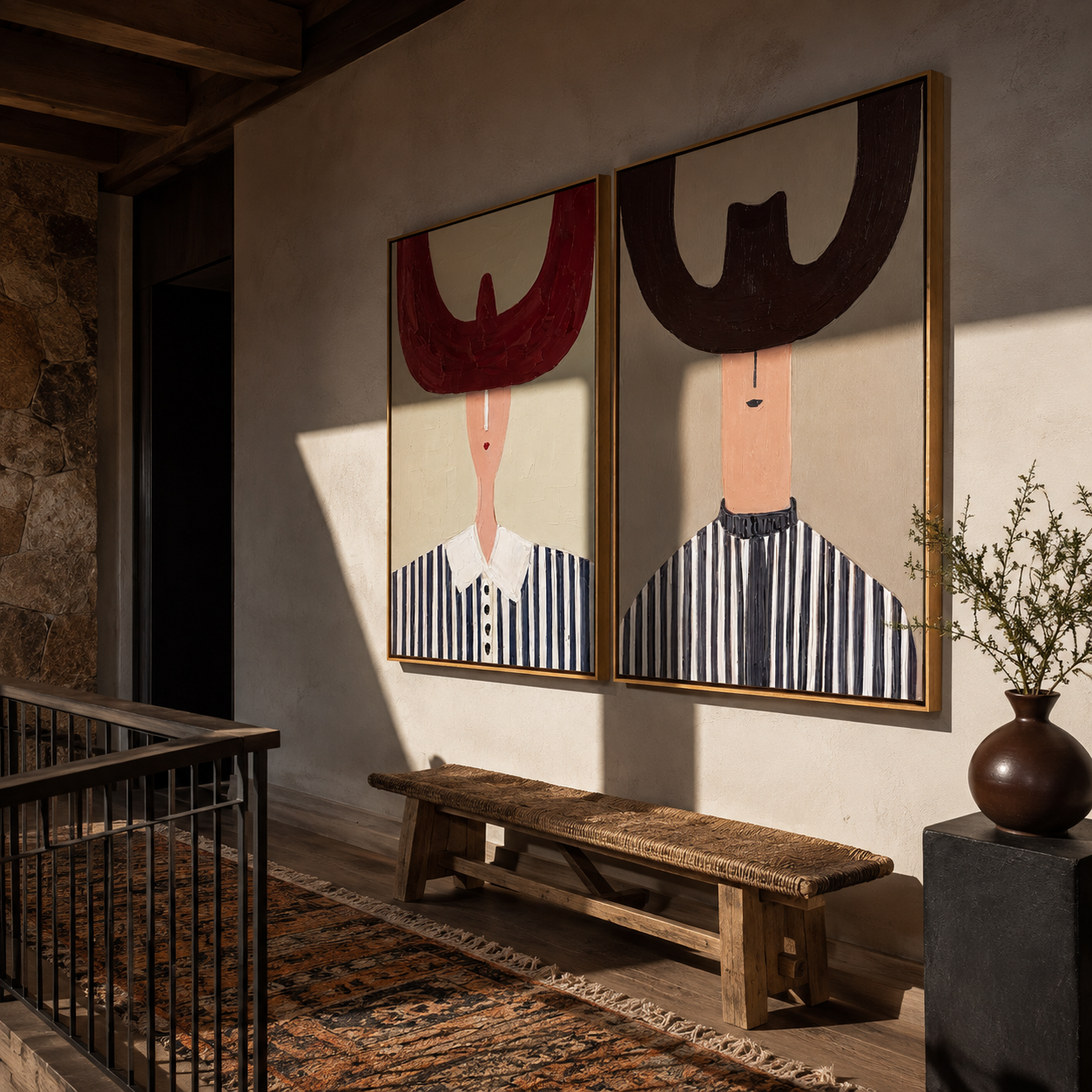 Twin Horns Shade Stripes - oversized horn hat portrait by Elliot Vale, modern figurative set of 2 wall art - styled room scene view 4
