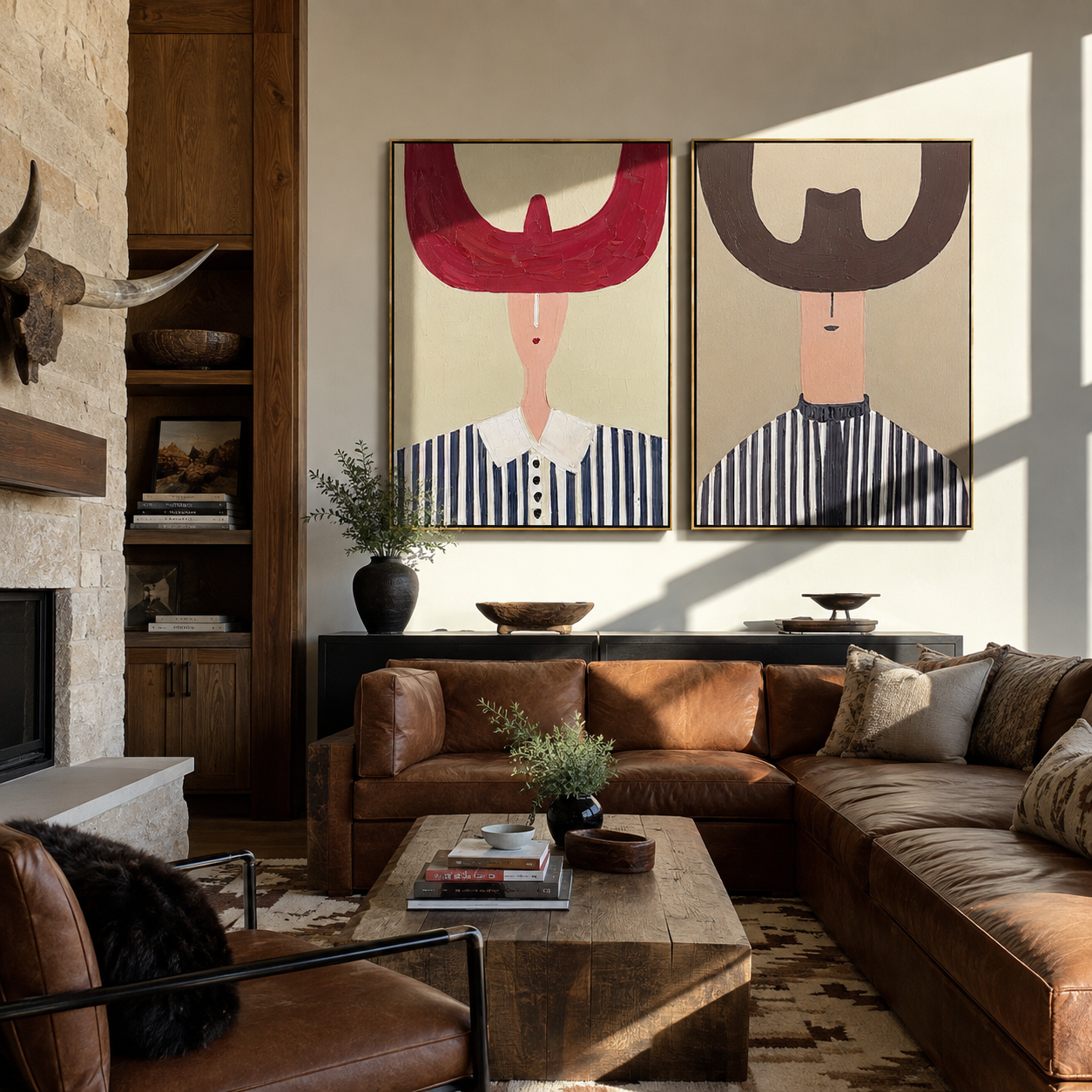 Twin Horns Shade Stripes - oversized horn hat portrait by Elliot Vale, modern figurative set of 2 wall art - styled room scene view 5