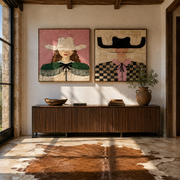 Pink Fringe Crosses Checks - checked cowgirl portrait by Elliot Vale, modern figurative set of 2 wall art - styled room scene view 1
